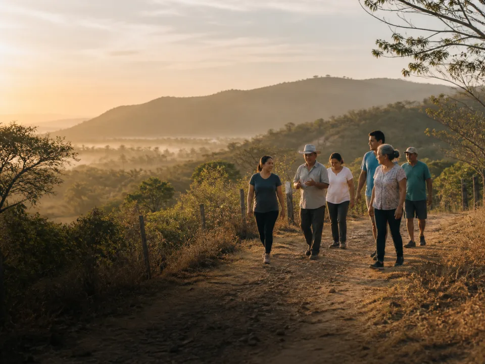 Grupo intergeneracional caminando al amanecer por un sendero de la península de Nicoya